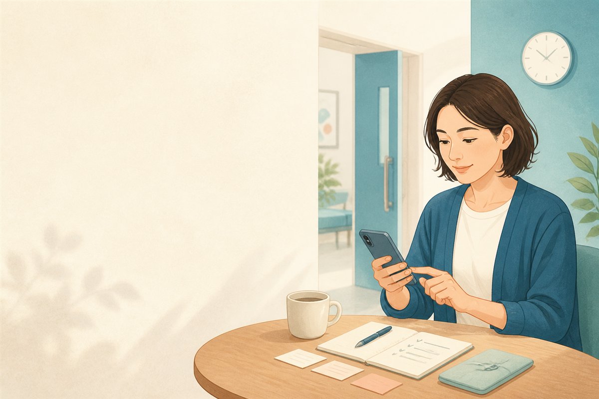 受診前にスマートフォンと紙でメモを整理する人のイラスト